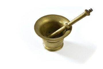 September 2021. copper mortar with pestle on a white background.