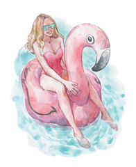 girl swimming with flamingo inflatable mattress