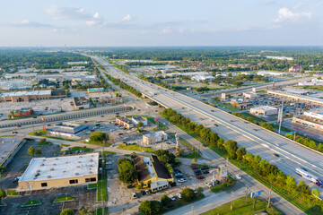 Top view over the traffic backed up during rush hour on 45 interstate highway, expressway in Houston city Texas USA