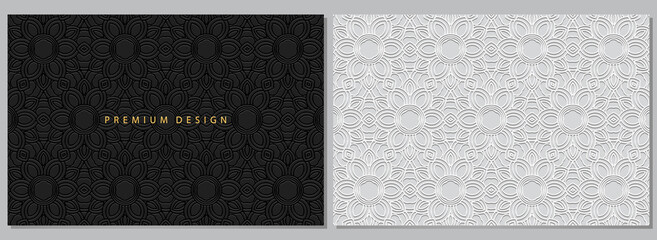 Banners, artistic set of white and black cover designs, horizontal vector templates. Geometric volumetric convex ethnic 3D pattern. Eastern, Indonesian, Mexican, Aztec style. - obrazy, fototapety, plakaty