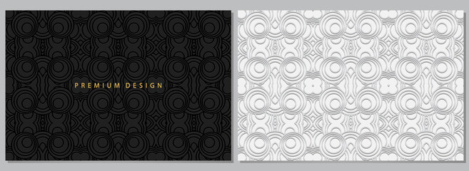 Banners, elegant set of white and black cover designs, horizontal vector templates. Geometric volumetric convex ethnic 3D pattern. Eastern, Indonesian, Mexican, Aztec style.
