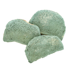 Disgusting green moldy bread slices on white background. Out of expiry date usage concept.