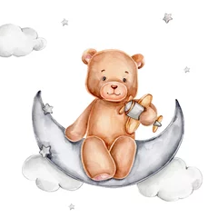 Fotobehang Teddy bear sits on gray moon  watercolor hand drawn illustration  with white isolated background © Нина Новикова