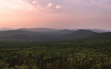 Fototapeta premium Photography of the mountain peaks. Beautiful violet sky in the background. Outdoor view, green forest on top of the mountain. Summer landscape.