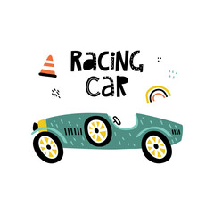 Racing blue car handwritten text and cartoon car with abstract shapes. Perfect for t-shirt, apparel, cards, poster, nursery decoration. Isolated on white background vector illustration