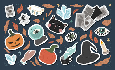 big set of cute Halloween stickers - black cat, eyes, witch hat, pumpkins, spiders, fortune telling ball, cards, crystals, autumn leaves. flat illustration. for a postcard, poster or any design.