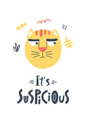 Funny Cat face poster with cute lettering in hand drawn style. Perfect for t-shirt, apparel, cards, poster, nursery decoration. Isolated on white background vector illustration