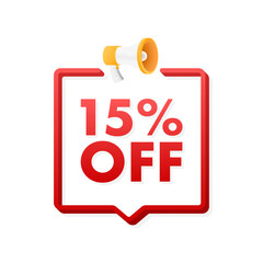 15 percent OFF Sale Discount Banner with megaphone. Discount offer price tag. 15 percent discount promotion flat icon. Vector illustration.