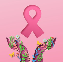 Breast cancer hand nature and pink ribbon papercut card