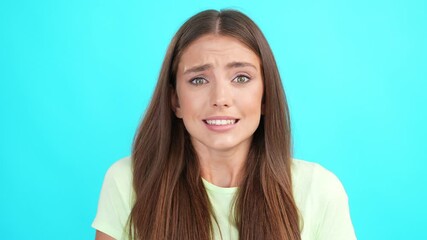 Nervous anxious lady cover mouth oops gesture sorry look empty space