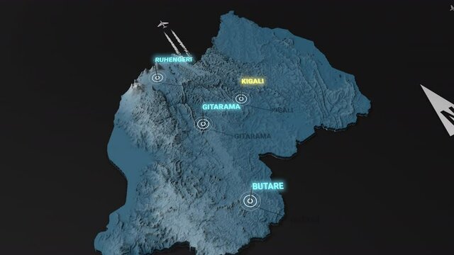 Seamless looping animation of the 3d terrain map at nighttime of Rwanda with the capital and the biggest cites in 4K resolution