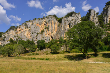 Fototapeta na wymiar Les murailles naturelles rocheuses à Vallon-Pont-d'Arc (07150), département de l'Ardèche en région Auvergne-Rhône-Alpes, France