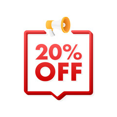 20 percent OFF Sale Discount Banner with megaphone. Discount offer price tag. 20 percent discount promotion flat icon. Vector illustration.