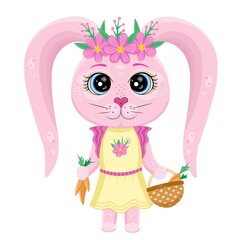 Cute rabbit girl with floral wreaths on her head collects carrots in a basket. Vector illustration for backgrounds, wallpapers, covers, packaging, greeting cards, stickers, textile, seasonal design.