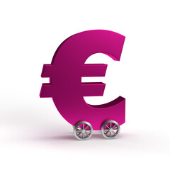 Purple currency euro symbol on wheels as a car on a white isolated background.