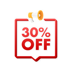 30 percent OFF Sale Discount Banner with megaphone. Discount offer price tag. 30 percent discount promotion flat icon. Vector illustration.