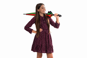 kid with rainbow umbrella isolated on white. autumn season. rainy weather forecast.