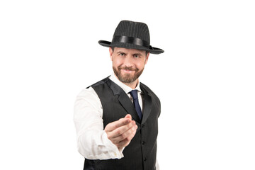 smiling vintage businessman in business casual style and hat showing money gesture, gentleman.