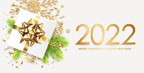 Fototapeta na wymiar 2022 Merry Christmas and Happy New Year banner with gift box, golden glitter snowflakes, balls, fir tree and confetti on white background. Vector ilustration.