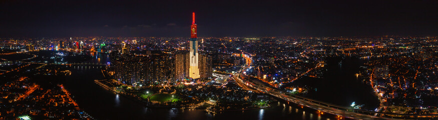 Panoramic photo of drone view of Ho Chi Minh city skyline at night