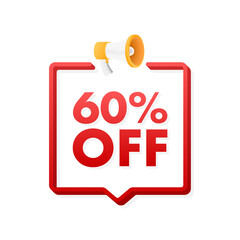 60 percent OFF Sale Discount Banner with megaphone. Discount offer price tag. 60 percent discount promotion flat icon. Vector illustration.