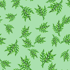 Seamless pattern bunch arugula salad on pastel green background. Modern ornament with lettuce.