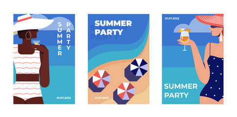 Set of colorful summer party posters with female silhouette on the beach. Concept of invitation postcard templates for summer party on the beautiful beach. Flat cartoon vector illustration