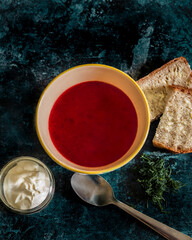 Bowl of Borscht Beetroot Soup With Bread Dill and Sour Cream