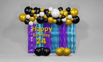 24st birthday greeting background with variations of black and white gold balloons 3d rendering
