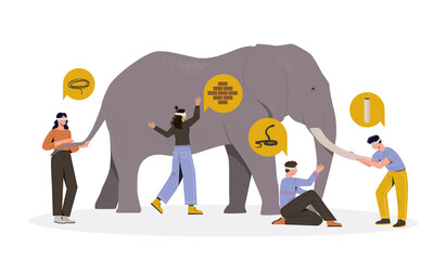 Four blindfolded male and female characters touching an elephant on white background. People with different perceptions, impressions and opinions towards an elephant. Flat cartoon vector illustration - Powered by Adobe