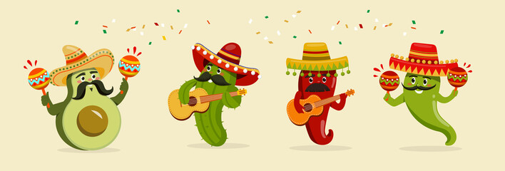 Set with cinco de mayo characters singing and playing the guitar on yellow background. Fun chilli pepper, avocado, cactus characters dancing and drinking tequila. Flat cartoon vector illustration