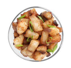 Tasty fried cracklings with green onion in bowl on white background, top view. Cooked pork lard