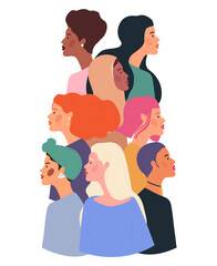 Set with diverse female portraits together with various ethnicity and hairstyle on white background. Concept of woman empowerment movement. International women's day. Flat cartoon vector illustration