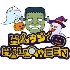 ハロウィンのロゴとフランケンシュタインとゴーストのイラスト（アウトラインあり）