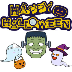 ハロウィンのロゴとフランケンシュタインとゴーストのイラスト（アウトラインあり）