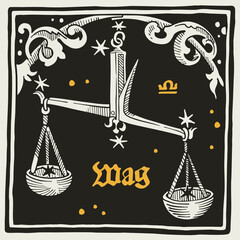 Fototapeta na wymiar Libra or Balance Zodiac sign and constellations. Illustration in medieval style with black-letter lettering.