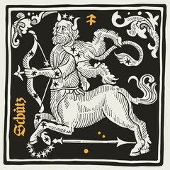  Sagittarius or Archer Zodiac sign and constellations. Illustration in medieval style with black-letter lettering.