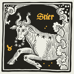 Taurus or Bull Zodiac sign and constellations. Illustration in medieval style with black-letter lettering.