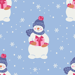 Vector seamless pattern with snowman and snowflakes. Snowman is holding gift.