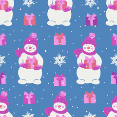 Vector seamless pattern with snowman is wearing cap, scarf and gloves. Snowman, gifts and snowflakes on blue background.