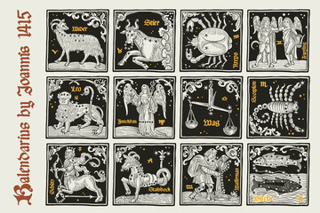 Zodiac signs set and constellations. Illustration in medieval style with black-letter lettering. - obrazy, fototapety, plakaty