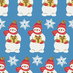 Vector seamless pattern with snowman is holding gift. Design with snowman, gift and snowflakes.