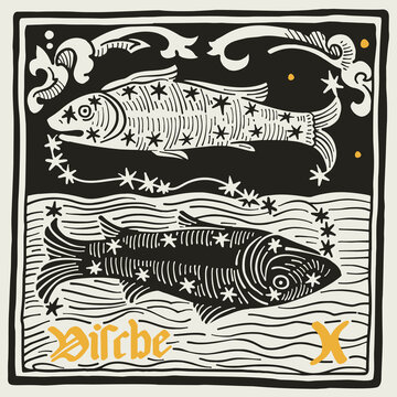 Pisces or Fish Zodiac sign and constellations. Illustration in medieval style with black-letter lettering.