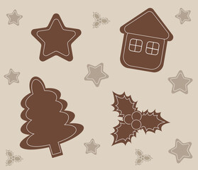 Christmas gingerbread cookies. Christmas tree, star, house, Christmas plant. Background for screens. New Year and Christmas pattern.