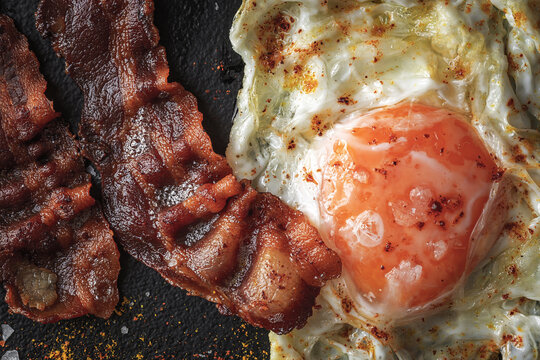 Delicious fried egg and bacon strips with spices