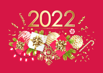 2022 Merry Christmas and Happy New Year banner with gift boxes, golden glitter snowflake, fir tree, sweets, balls, garland and confetti on red background. Vector ilustration.