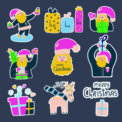 Big set of hand drawn cute stickers with Santa claus and gift boxes. Merry Christmas concept.