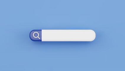 3D search bar render isolated in blue background. Online research and UI concept vector illustration.