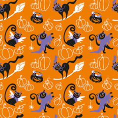 Cute cat dressed in a witch and ghost costume. Halloween party. Kids illustration texture for fabric, wrapping, textile, wallpaper, apparel. Seamless pattern. Vector.