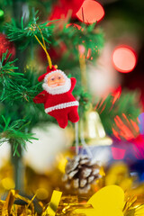 Decorated Christmas tree with blurred bokeh light background. Christmas and New Year concept